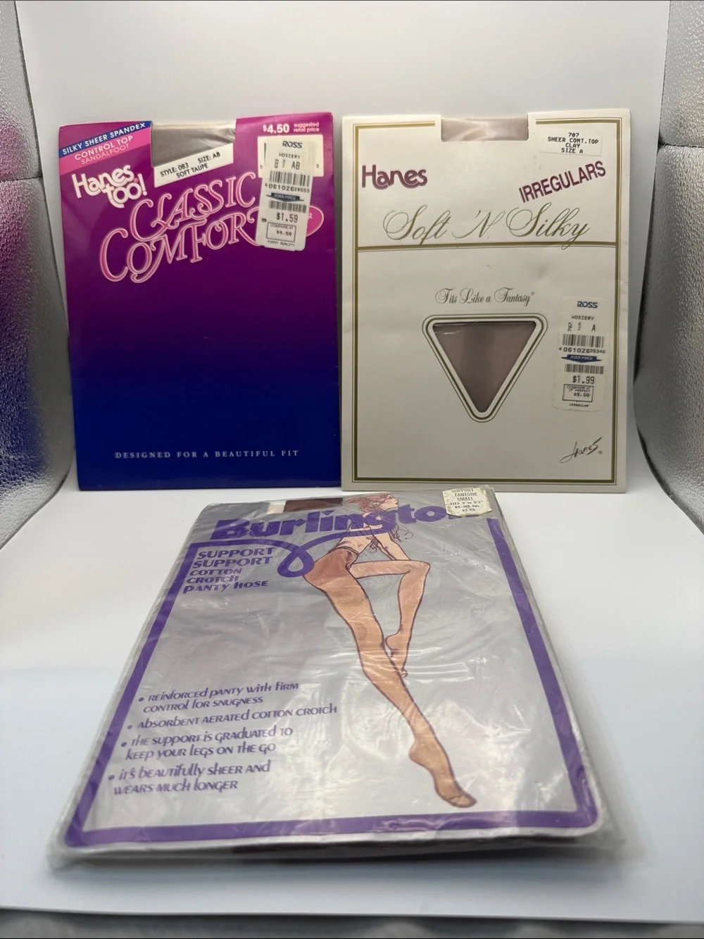 Lot of 3 Vintage Pantyhose Hanes Too & Hanes & Burlington Size Sm & A & AB New
